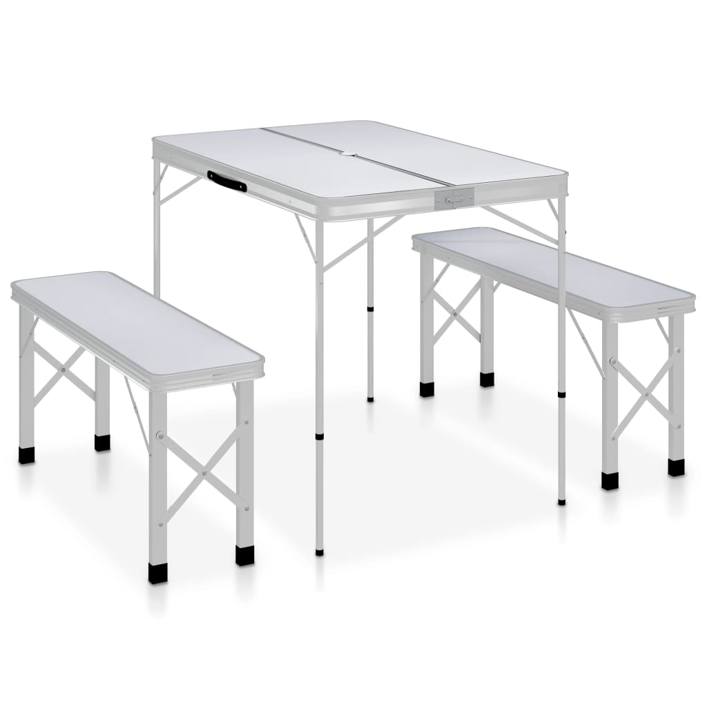 Folding Camping Table with 2 Benches Aluminium White